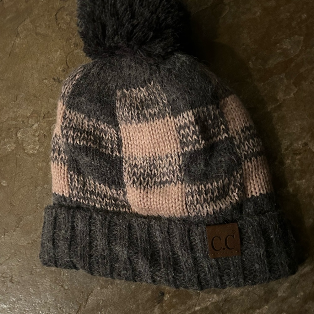 C.C. Plaid Knit Beanie - Pink and Gray